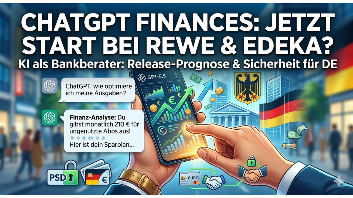 Ein Smartphone zeigt das Interface von ChatGPT Finances mit Grafiken zu Bankkonten, Euro-Symbolen und deutschen Sicherheitszertifikaten wie PSD2 vor einem modernen Bankgebäude in Deutschland.