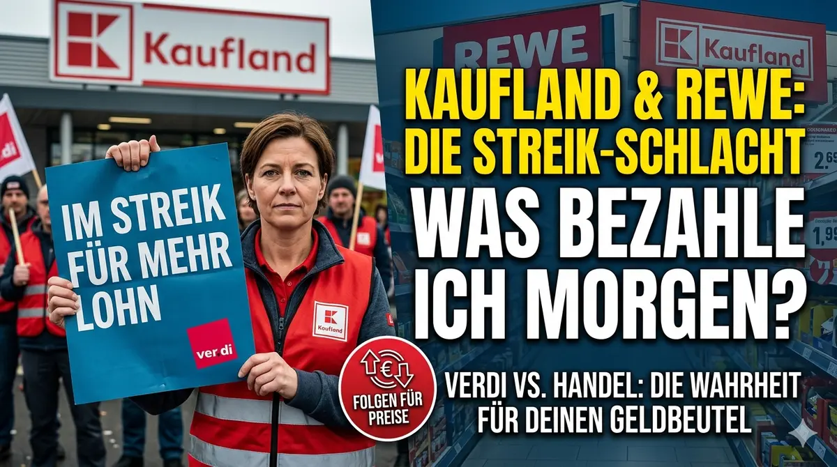 Eine ver.di-Streikende mit Protestschild vor einer Kaufland-Filiale neben einem Supermarktregal mit der Aufschrift Die Streik-Schlacht.