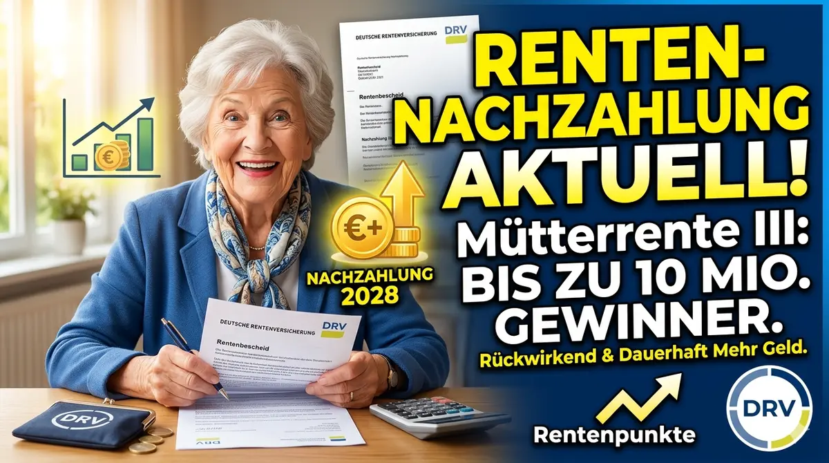 An elderly woman smiling joyfully while holding an official Deutsche Rentenversicherung letter at a desk with a calculator. The image features bold German text reading "RENTEN-NACHZAHLUNG AKTUELL!" and graphics showing a rising financial trend with Euro coins, illustrating the upcoming Mütterrente III pension back-payments in Germany.