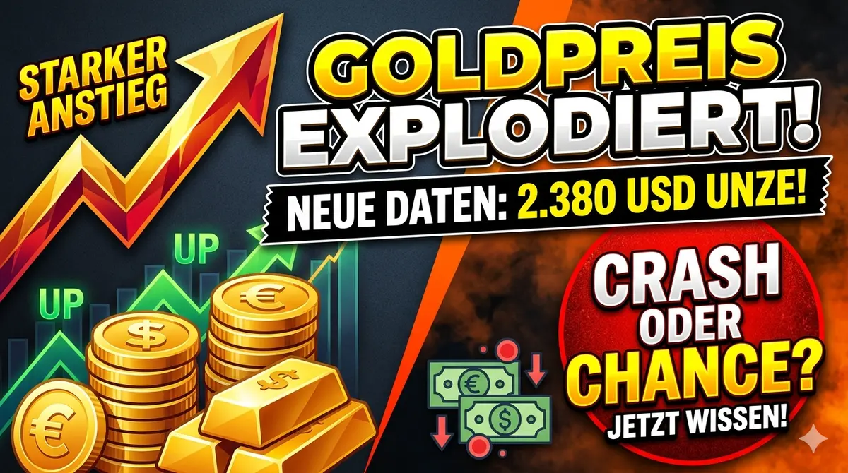 Ein kontrastreiches YouTube- und News-Thumbnail zum Thema Goldpreis mit der großen Aufschrift „GOLDPREIS EXPLODIERT!“, glänzenden Goldbarren, Euro- und Dollar-Münzen, einem steigenden Chart-Pfeil und der Fragestellung „CRASH ODER CHANCE? JETZT WISSEN!“.