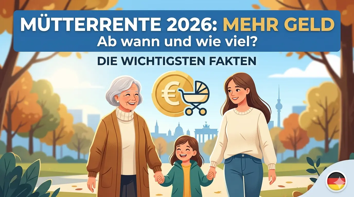 An infographic illustration in a German park setting, showing three generations of women (grandmother, mother, and child) holding hands, smiling. Above them, a large blue text banner asks: 'MÜTTERRENTE II: WIE VIEL & WANN?' Below the text is a combined icon of a Euro coin and a baby stroller. Blurred landmarks of Berlin (Brandenburg Gate and TV Tower) are in the background, and a German flag icon is in the corner.