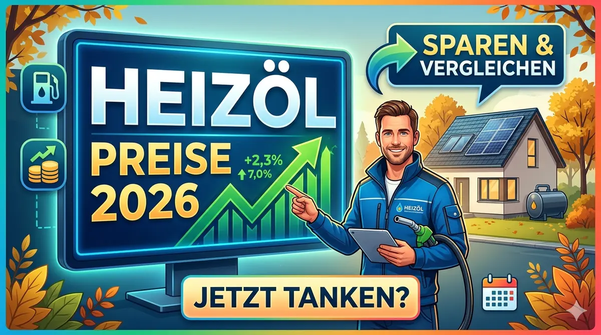 Infografik zu Heizölpreisen 2026 mit einem Experten, der auf eine steigende Preiskurve zeigt, im Hintergrund ein Einfamilienhaus im Herbst.