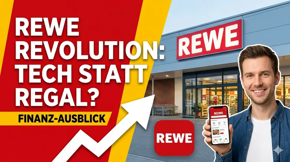 A split-screen thumbnail for a German finance article featuring a modern REWE supermarket exterior and a smiling man holding a smartphone with the REWE app. The left side has a bold red background with white German text "REWE REVOLUTION: TECH STATT REGAL?" and a rising white growth arrow over a yellow "FINANZ-AUSBLICK" banner.