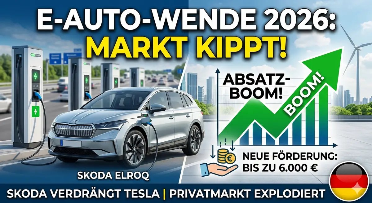 Ein silberner Skoda Elroq an einer Ladestation in Deutschland mit einer aufsteigenden grünen Business-Grafિક, die den Absatz-Boom 2026 und die 6.000 Euro Förderung zeigt.