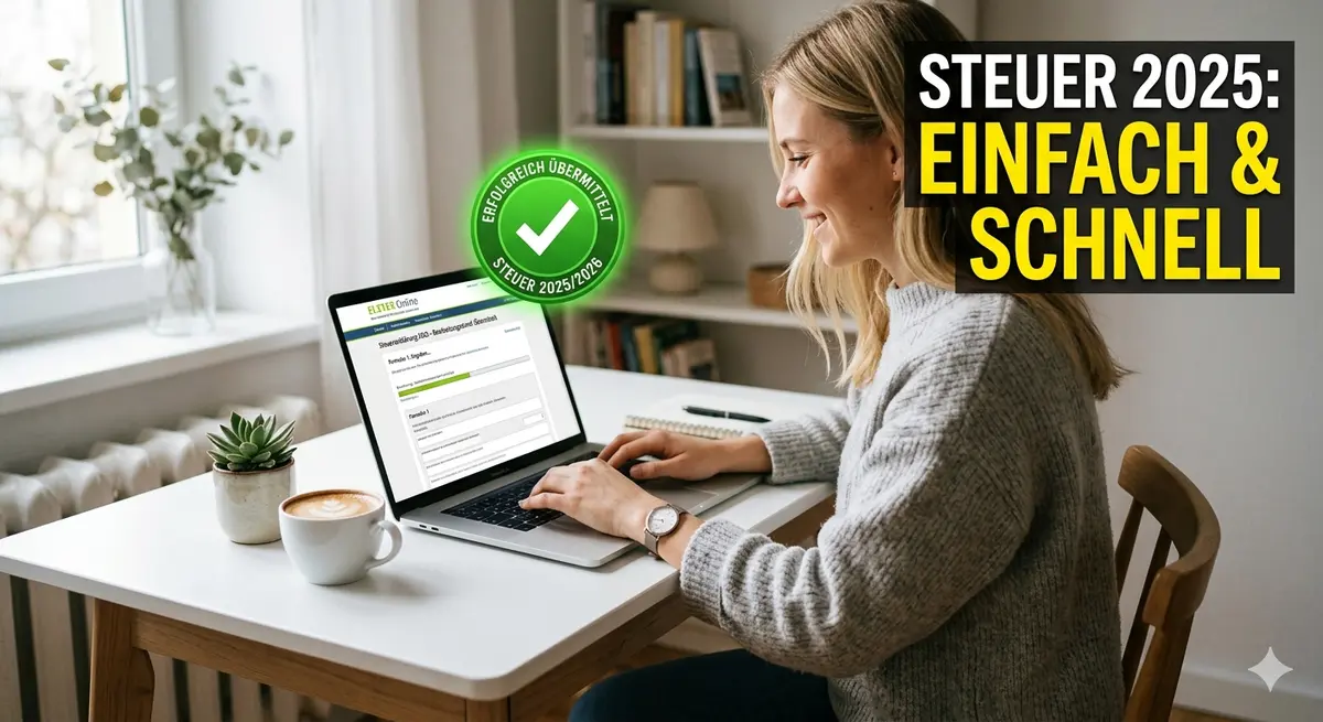 Eine Person arbeitet am Laptop im Home-Office und sortiert Belege für die Einkommensteuererklärung.