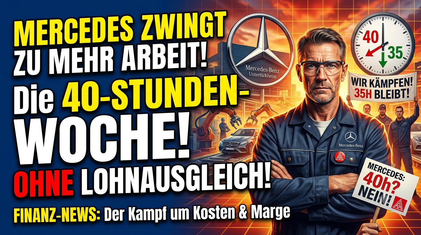 Ein ausdrucksstarkes YouTube- und News-Thumbnail zum Thema Arbeitszeitstreit bei Mercedes-Benz. Auf der linken Seite steht großer, fetter Text in Gelb und Weiß: „MERCEDES ZWINGT ZU MEHR ARBEIT! Die 40-STUNDEN-WOCHE! OHNE LOHNAUSGLEICH!“. Rechts steht ein ernster Mercedes-Mitarbeiter im Blaumann mit verschränkten Armen vor einem Fabrikhintergrund mit Werkstoren, Autos und Roboterarmen. Im Hintergrund ist eine große Uhr zu sehen, deren Zeiger von 35 auf 40 Stunden zeigen, sowie Demonstranten mit IG-Metall-Protestschildern („Wir kämpfen! 35h bleibt!“).